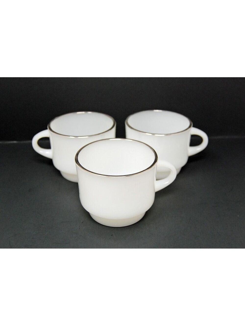 3 Vintage Fire King Anchor Hocking White Milk Glass Stacking Mug Cup Silver Rim